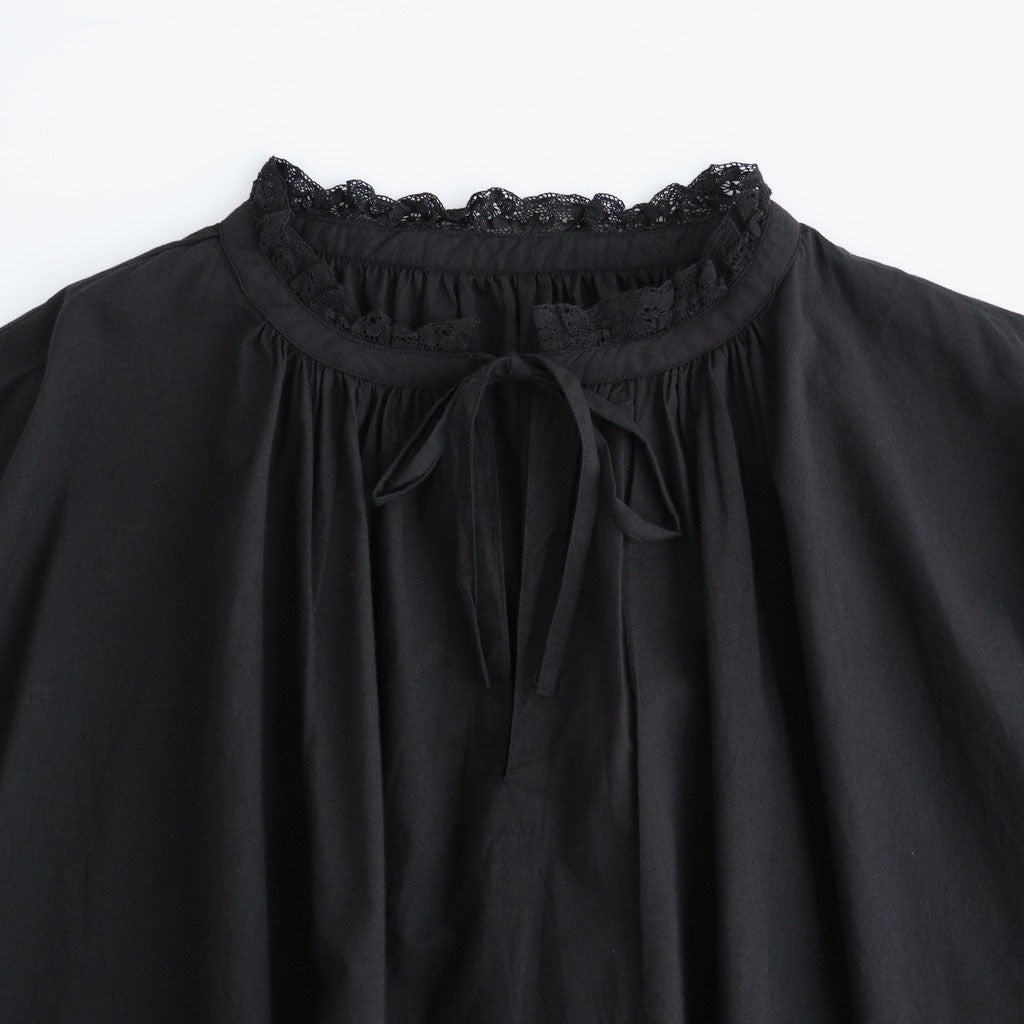 60s COTTON CAMBRIC PLAIN WITH LACE LACE & STRING COLLAR GATHERED SHIRT #9900 BLACK [NSL26552]