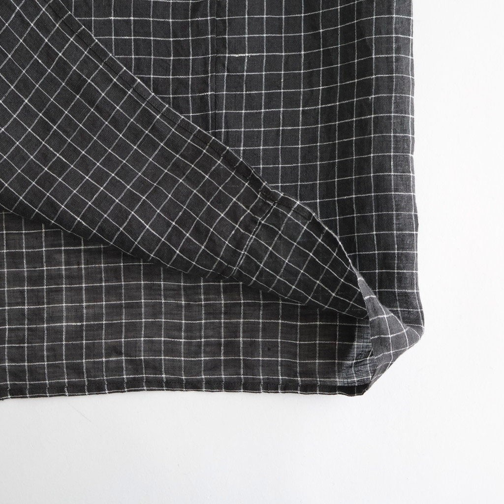 80s POWER LOOM LINEN CHECK REGULAR COLLAR DRESS WITH RAJASTAN GATHER #9890 OFF BLACK x WHITE CHECK [NMDS26284]