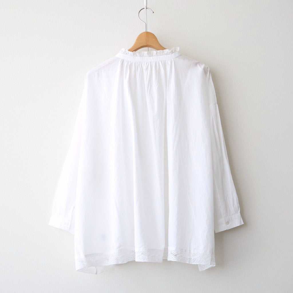 60s COTTON CAMBRIC PLAIN WITH LACE LACE & STRING COLLAR GATHERED SHIRT #9000 WHITE [NSL26552]