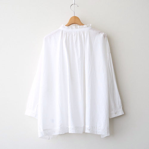 60s COTTON CAMBRIC PLAIN WITH LACE LACE & STRING COLLAR GATHERED SHIRT #9000 WHITE [NSL26552]