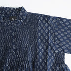 80s COTTON VOILE FLOWER BLOCK PRINT FRILL COLLAR PINTUCK SHIRT #3900 NVY (NAVY BASE) [NMDS25551]