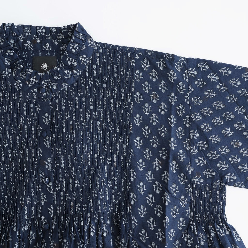 80s COTTON VOILE FLOWER BLOCK PRINT FRILL COLLAR PINTUCK SHIRT #3900 NVY (NAVY BASE) [NMDS25551]