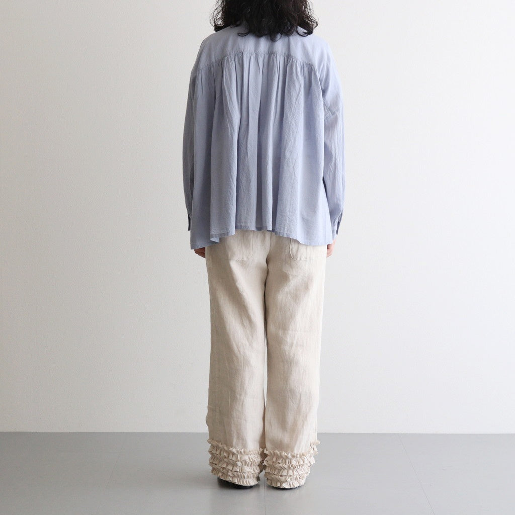 80s COTTON VOILE PLAIN BANDED COLLAR GATHER SHIRT #3300 SAX BLUE [NSL25041]
