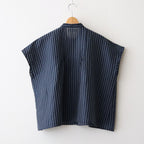 60s AUTO LOOM COTTON/LINEN STRIPE BANDED COLLAR FRENCH/SL PINTUCK SHIRTS #3991 NAVY/OFF.WHITE STRIPE [INSL26331]