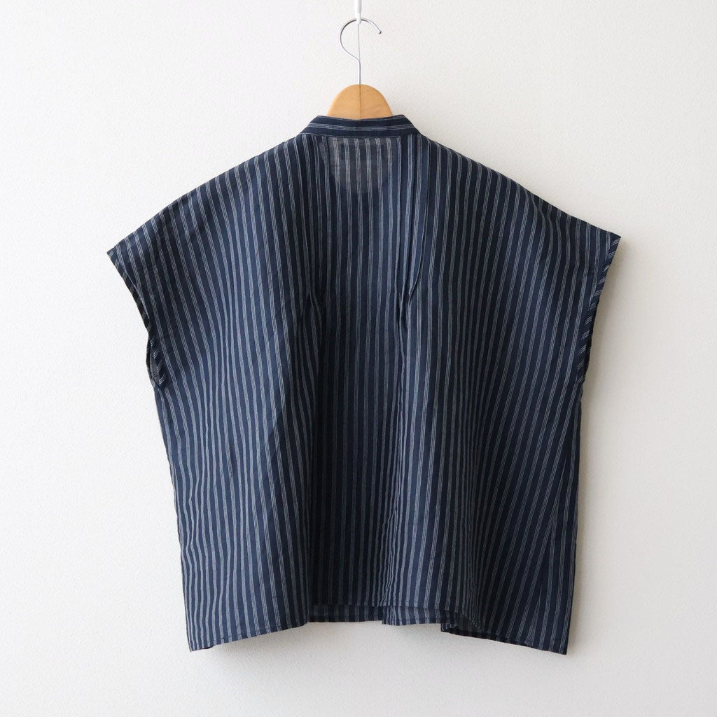 60s AUTO LOOM COTTON/LINEN STRIPE BANDED COLLAR FRENCH/SL PINTUCK SHIRTS #3991 NAVY/OFF.WHITE STRIPE [INSL26331]