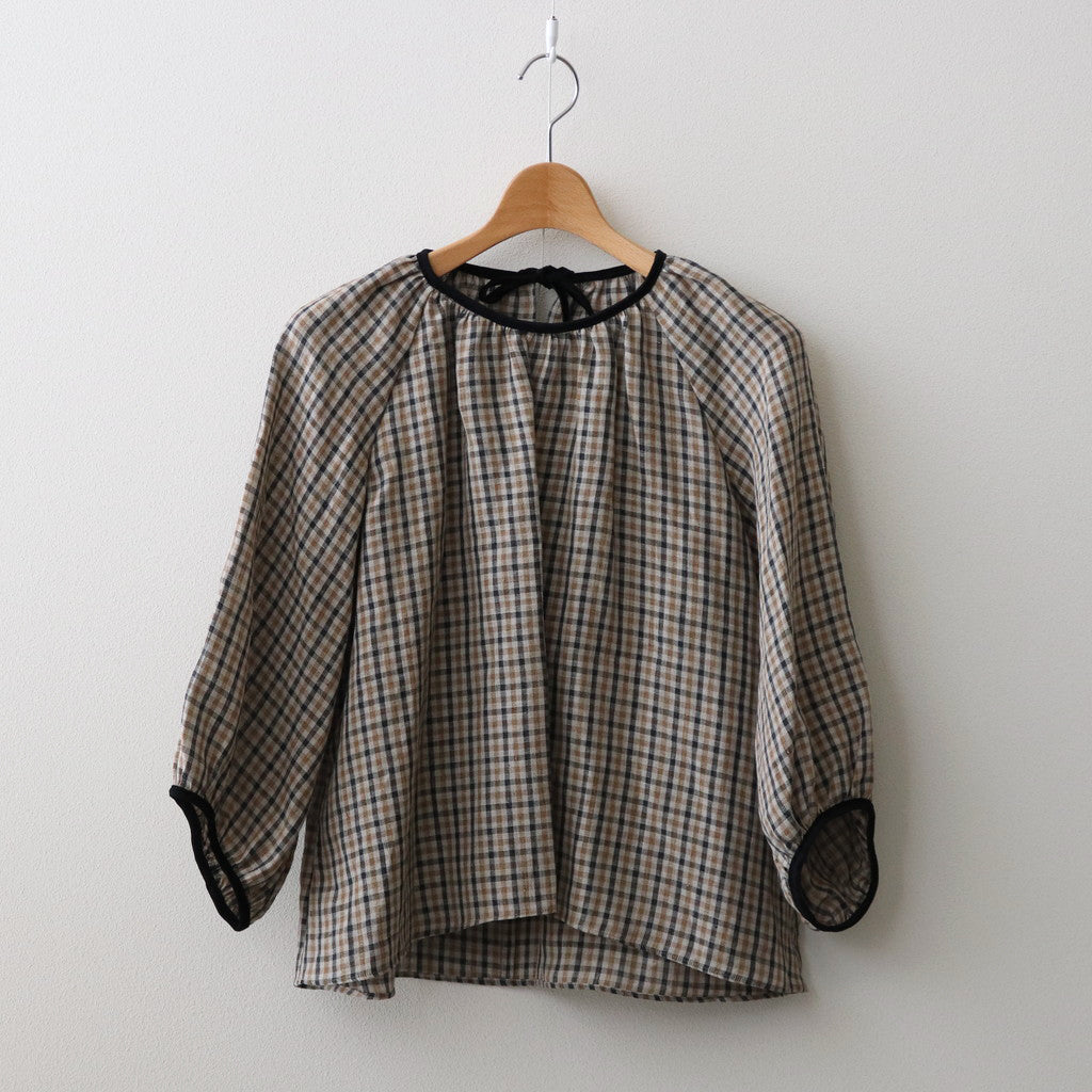 LINEN GUN CLUB CHECK SMOCK BLOUSE #BROWN [no.6592]