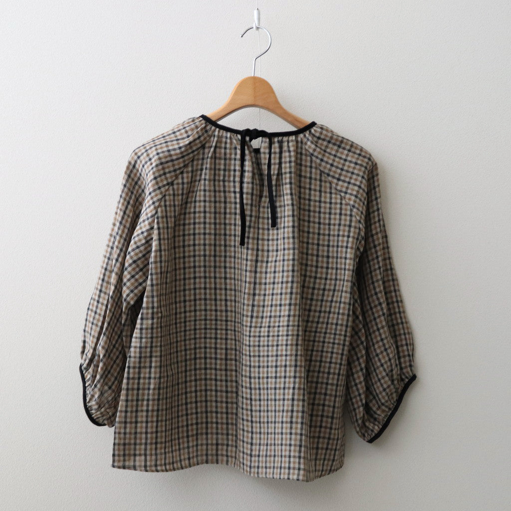 LINEN GUN CLUB CHECK SMOCK BLOUSE #BROWN [no.6592]