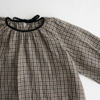 LINEN GUN CLUB CHECK SMOCK BLOUSE #BROWN [no.6592]