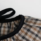 LINEN GUN CLUB CHECK SMOCK BLOUSE #BROWN [no.6592]