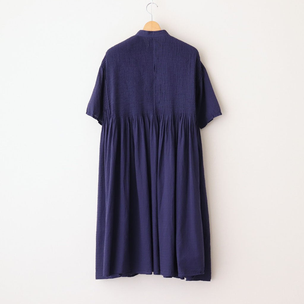 80s ORGANIC DOBIE CHECK(OVERDYE) BANDED COLLAR MAXI DRESS WITH PINTUCK #2813 D.PURPLE [NMDS25254D]