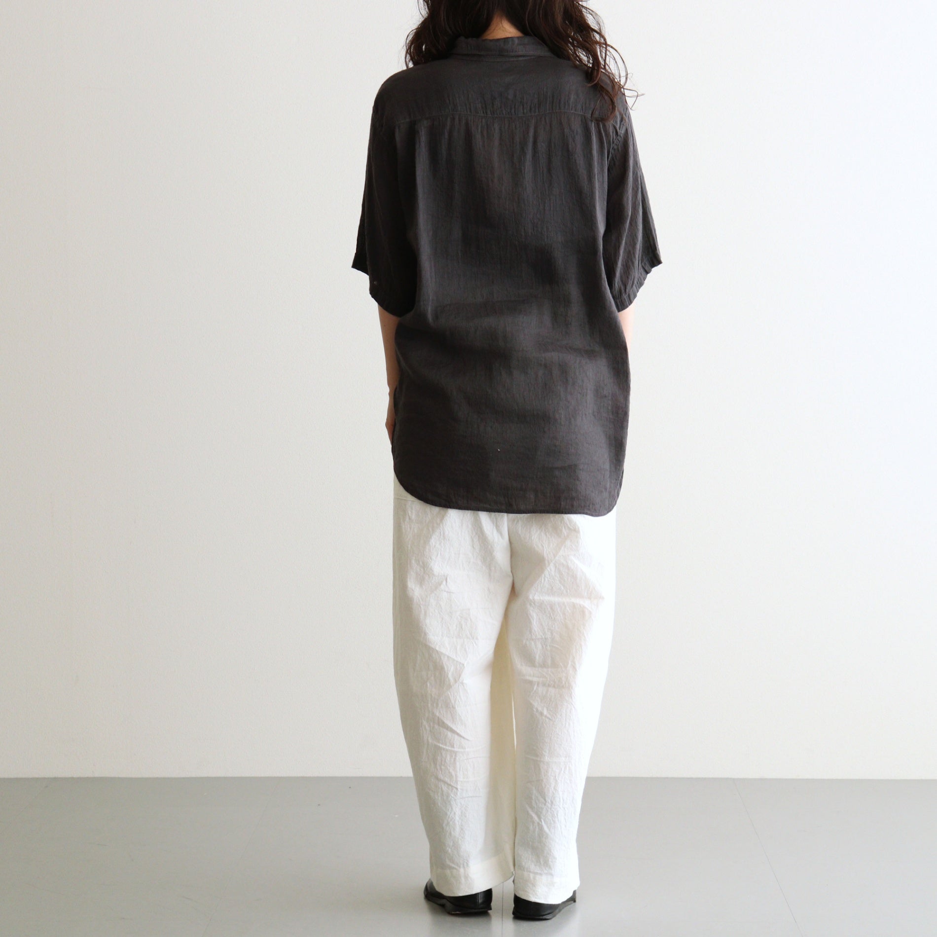 AUTO LOOM LINEN/COTTON PLAIN OVERDYE OPEN COLLAR S/SL SHIRTS #991D C.BLACK [IMDSH2612LCD]