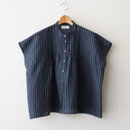 60s AUTO LOOM COTTON/LINEN STRIPE BANDED COLLAR FRENCH/SL PINTUCK SHIRTS #3991 NAVY/OFF.WHITE STRIPE [INSL26331]