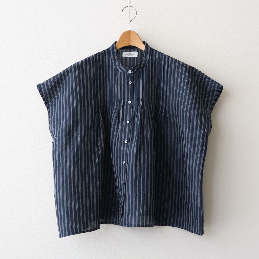 60s AUTO LOOM COTTON/LINEN STRIPE BANDED COLLAR FRENCH/SL PINTUCK SHIRTS #3991 NAVY/OFF.WHITE STRIPE [INSL26331]