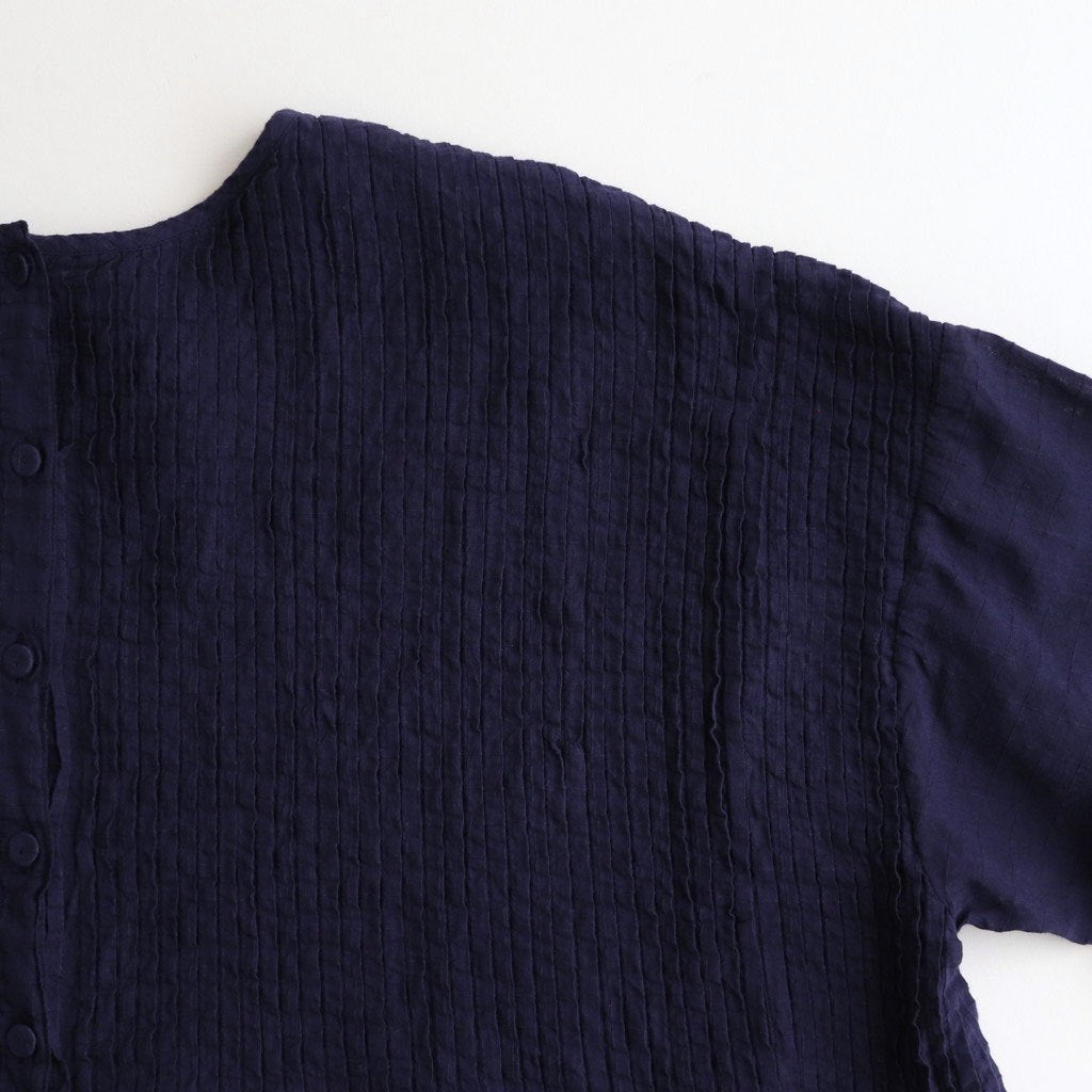 80s ORGANIC DOBIE CHECK(OVERDYE) CREW-NECK P/O HALF/SL SHIRT WITH PINTUCK #2813 D.PURPLE [NMDS25251D]