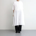 80s ORGANIC DOBIE CHECK(OVERDYE) BANDED COLLAR MAXI DRESS WITH PINTUCK #9170 MINRAL WHITE [NMDS25254D]