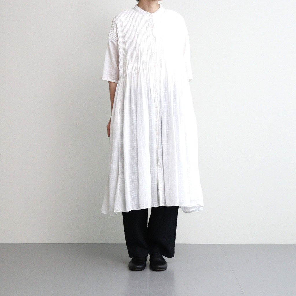 80s ORGANIC DOBIE CHECK(OVERDYE) BANDED COLLAR MAXI DRESS WITH PINTUCK #9170 MINRAL WHITE [NMDS25254D]