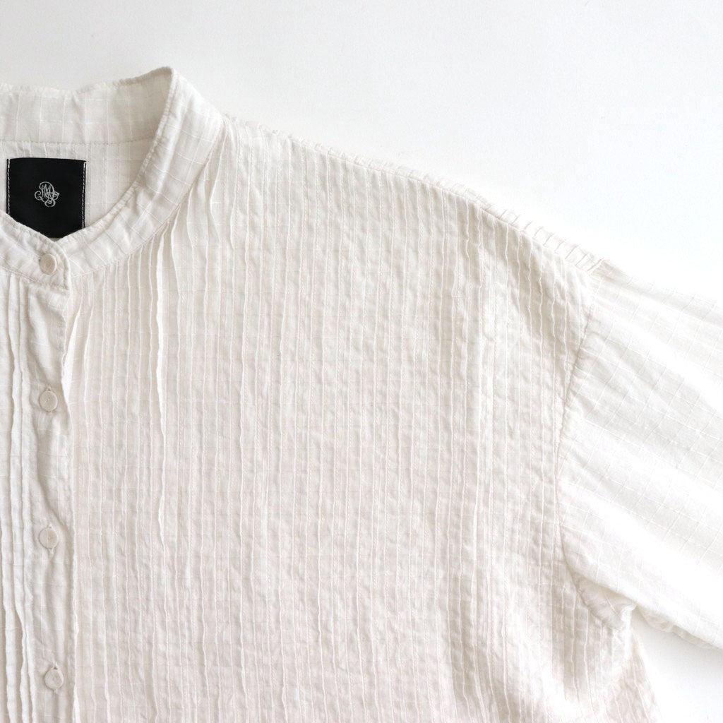 80s ORGANIC DOBIE CHECK(OVERDYE) BANDED COLLAR MAXI DRESS WITH PINTUCK #9170 MINRAL WHITE [NMDS25254D]
