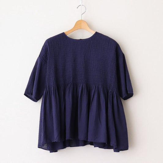 80s ORGANIC DOBIE CHECK(OVERDYE) CREW-NECK P/O HALF/SL SHIRT WITH PINTUCK #2813 D.PURPLE [NMDS25251D]