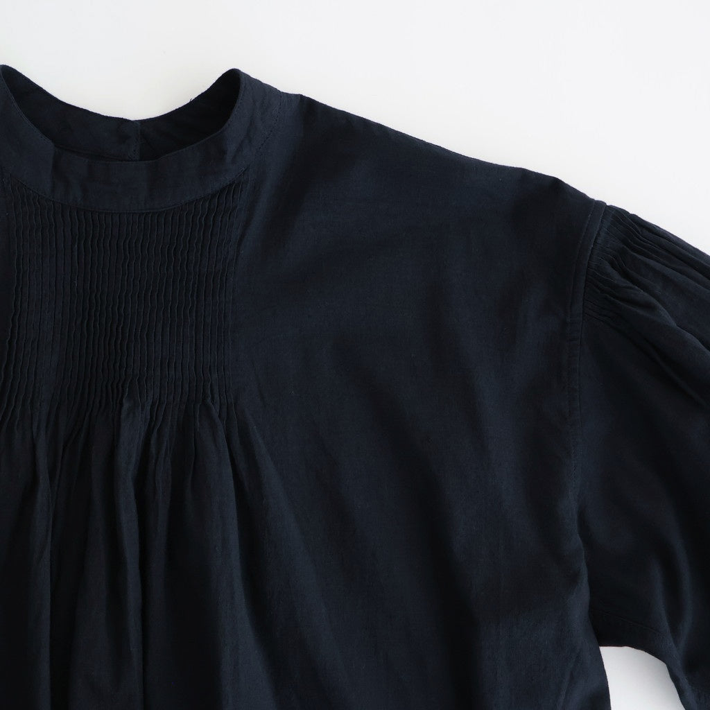 HANDWOVEN HEAVY COTTON PLAIN BACK OPENING STAND COLLAR SHIRT WITH MINI PINTUCK #9900 BLACK/BEIGE SELVAGE [INMDS25722]