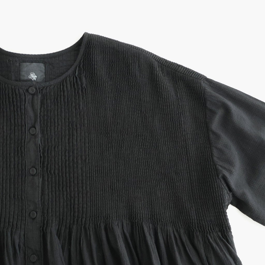 80s ORGANIC MICRO CHECK OVERDYE CREW-NECK BUTTON SHIRT WITH MINI PINTUCK #9912 BLACK (J.BLACK) [NMDS26233D]