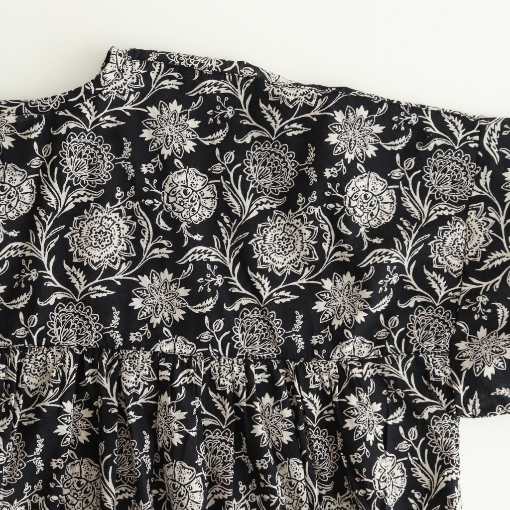 80s VOILE TWO TONE FLOWER PRINT GATHERED SMOCK #9982 BLACK x Lt BEIGE PRINT [NSL25082]