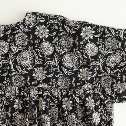 80s VOILE TWO TONE FLOWER PRINT GATHERED SMOCK #9982 BLACK x Lt BEIGE PRINT [NSL25082]