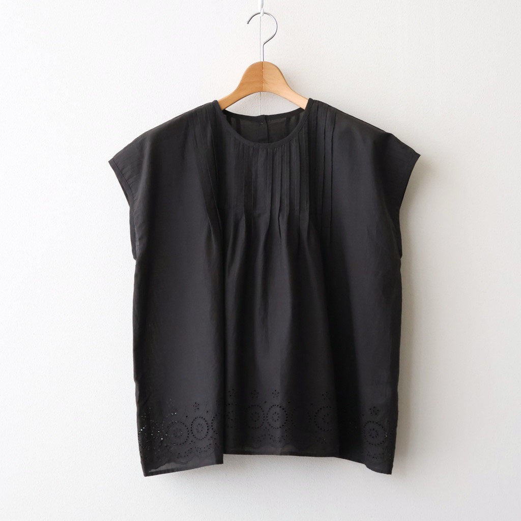 80s VOILE PLAIN WITH CUT WORK LACE CREW NECK FRENCH/SL SHIRTS WITH PINTUCK #9900 BLACK [INSL26342]