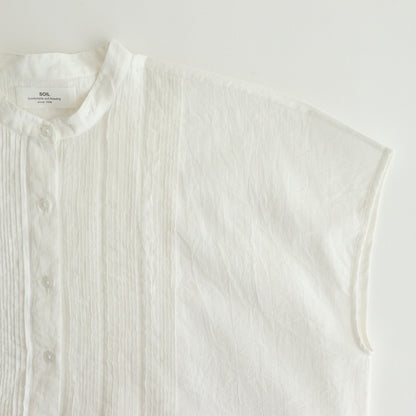 80s COTTON VOILE PLAIN BANDED COLLAR FRENCH/SL PINTUCK SHIRT #9100 OFF WHITE [NSL25042]