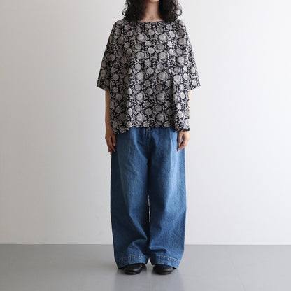 80s VOILE TWO TONE FLOWER PRINT GATHERED SMOCK #9982 BLACK x Lt BEIGE PRINT [NSL25082]