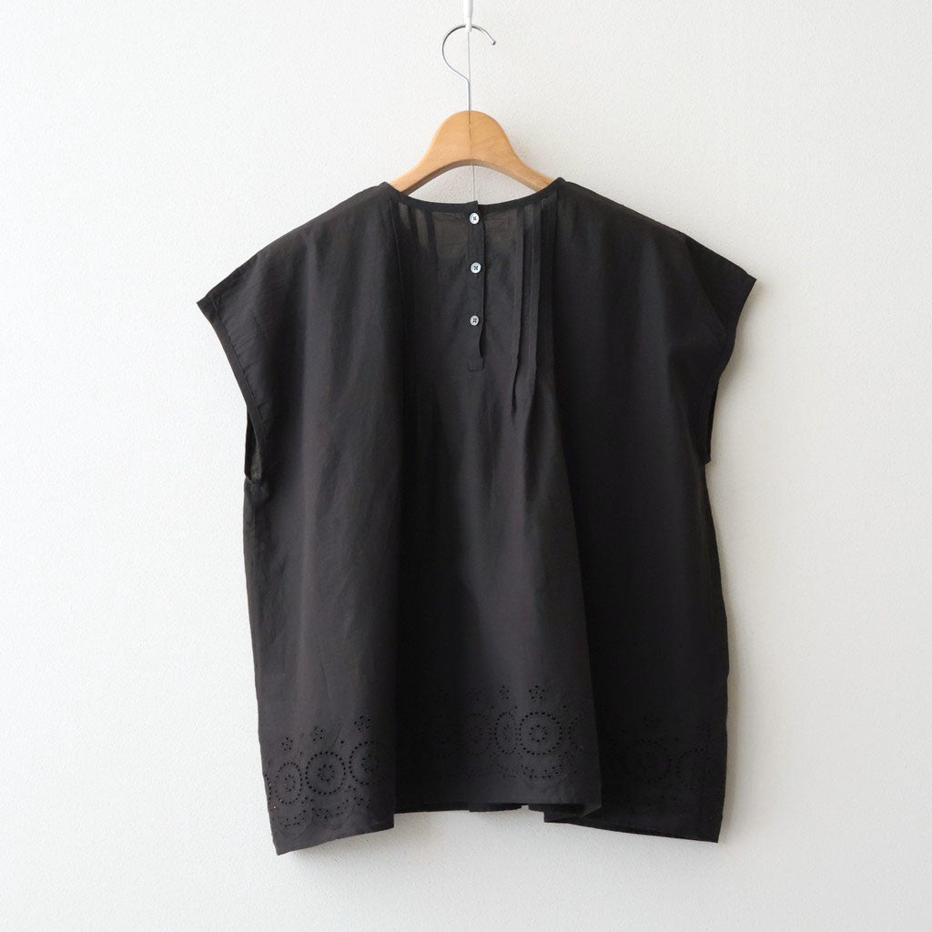 80s VOILE PLAIN WITH CUT WORK LACE CREW NECK FRENCH/SL SHIRTS WITH PINTUCK #9900 BLACK [INSL26342]