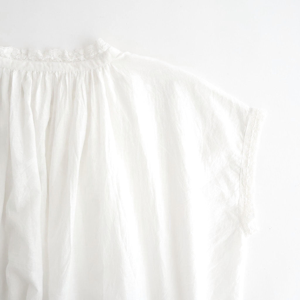 80s COTTON VOILE LACE LACE&STRING COLLAR GATHERED SHIRT #9100 WHT (OFF WHITE) [NSL26092]