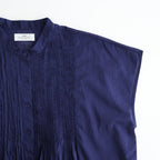 80s COTTON VOILE PLAIN BANDED COLLAR FRENCH/SL PINTUCK SHIRT #3800 NVY (BRIGHT NAVY) [NSL26022]