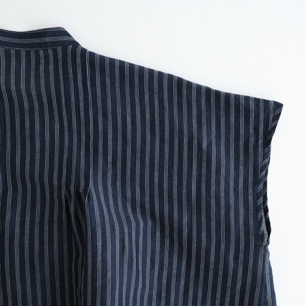 60s AUTO LOOM COTTON/LINEN STRIPE BANDED COLLAR FRENCH/SL PINTUCK SHIRTS #3991 NAVY/OFF.WHITE STRIPE [INSL26331]