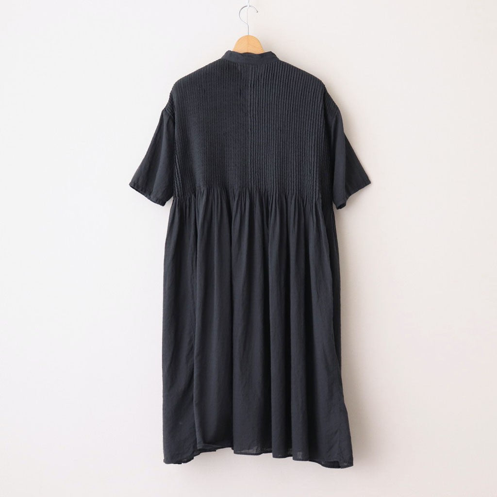 80s ORGANIC DOBIE CHECK(OVERDYE) BANDED COLLAR MAXI DRESS WITH PINTUCK #9971 O.BLACK [NMDS25254D]