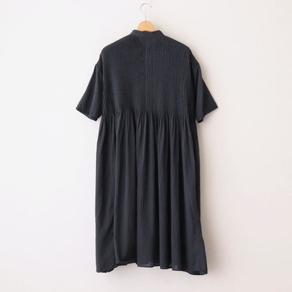 80s ORGANIC DOBIE CHECK(OVERDYE) BANDED COLLAR MAXI DRESS WITH PINTUCK #9971 O.BLACK [NMDS25254D]