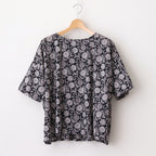80s VOILE TWO TONE FLOWER PRINT GATHERED SMOCK #9982 BLACK x Lt BEIGE PRINT [NSL25082]