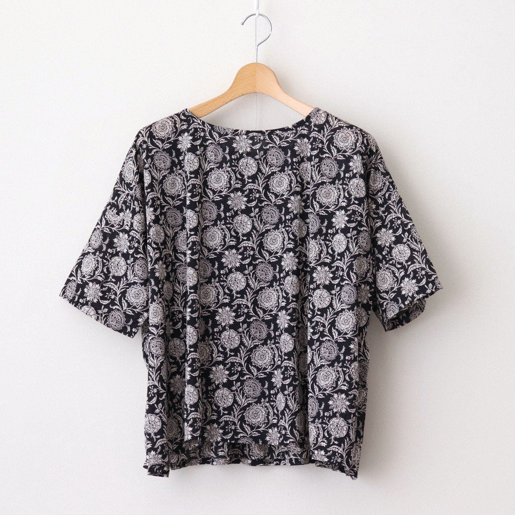 80s VOILE TWO TONE FLOWER PRINT GATHERED SMOCK #9982 BLACK x Lt BEIGE PRINT [NSL25082]