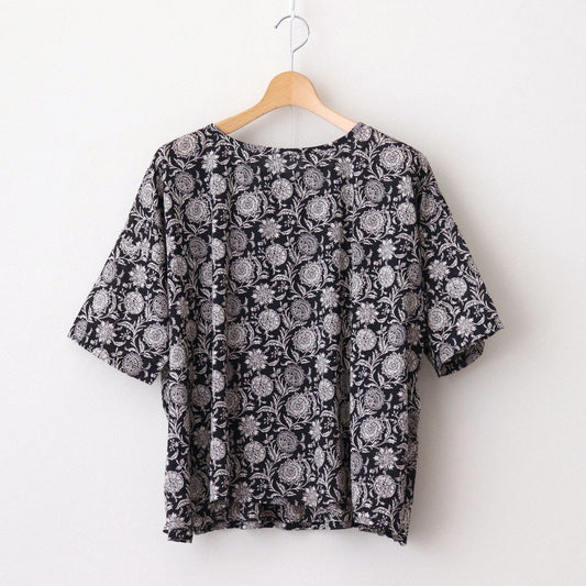 80s VOILE TWO TONE FLOWER PRINT GATHERED SMOCK #9982 BLACK x Lt BEIGE PRINT [NSL25082]