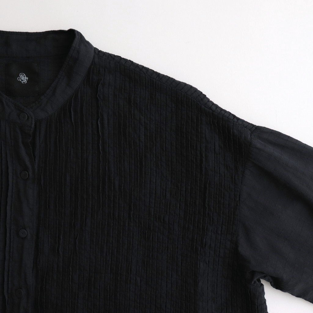 80s ORGANIC DOBIE CHECK(OVERDYE) BANDED COLLAR MAXI DRESS WITH PINTUCK #9971 O.BLACK [NMDS25254D]
