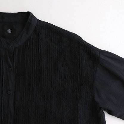 80s ORGANIC DOBIE CHECK(OVERDYE) BANDED COLLAR MAXI DRESS WITH PINTUCK #9971 O.BLACK [NMDS25254D]