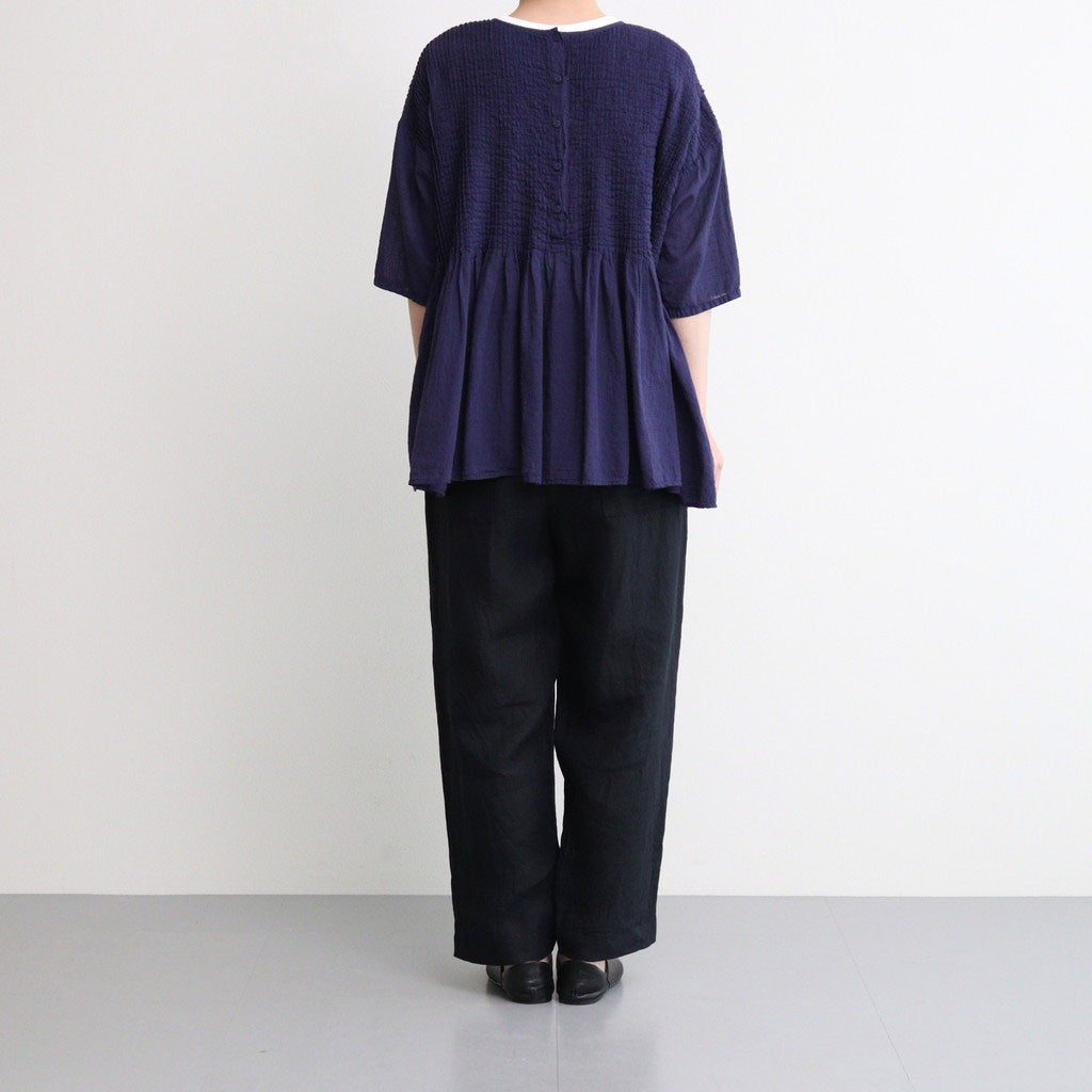 80s ORGANIC DOBIE CHECK(OVERDYE) CREW-NECK P/O HALF/SL SHIRT WITH PINTUCK #2813 D.PURPLE [NMDS25251D]
