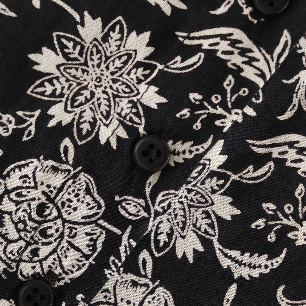 80s VOILE TWO TONE FLOWER PRINT REGULAR COLLAR S/SL DRESS #9982 BLACK x Lt BEIGE PRINT [NSL25084]