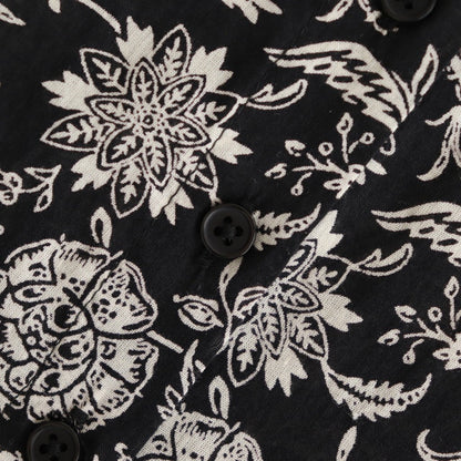 80s VOILE TWO TONE FLOWER PRINT REGULAR COLLAR S/SL DRESS #9982 BLACK x Lt BEIGE PRINT [NSL25084]