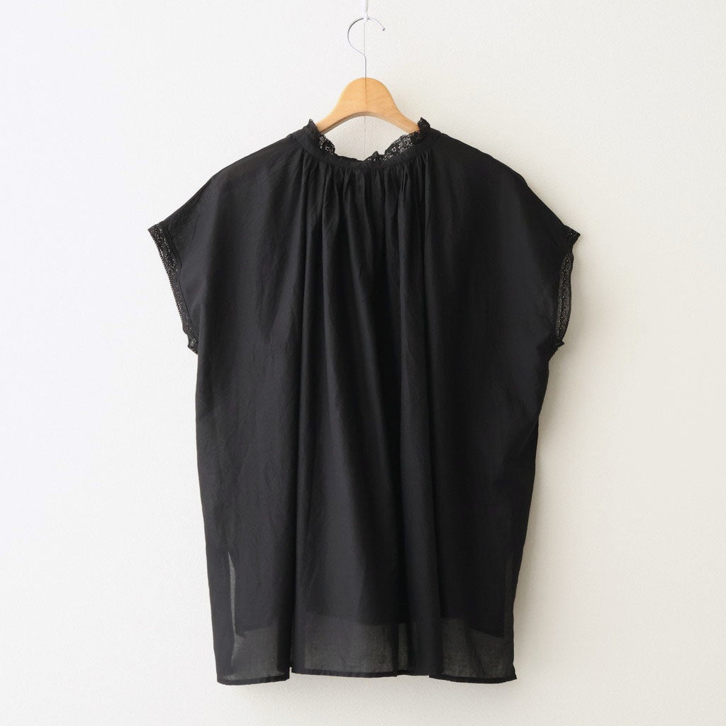 80s COTTON VOILE LACE LACE&STRING COLLAR GATHERED SHIRT #9900 BLACK [NSL26092]
