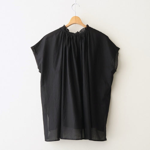 80s COTTON VOILE LACE LACE&STRING COLLAR GATHERED SHIRT #9900 BLACK [NSL26092]