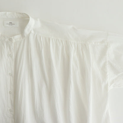 80s COTTON VOILE PLAIN BANDED COLLAR GATHER SHIRT #9100 OFF WHITE [NSL25041]