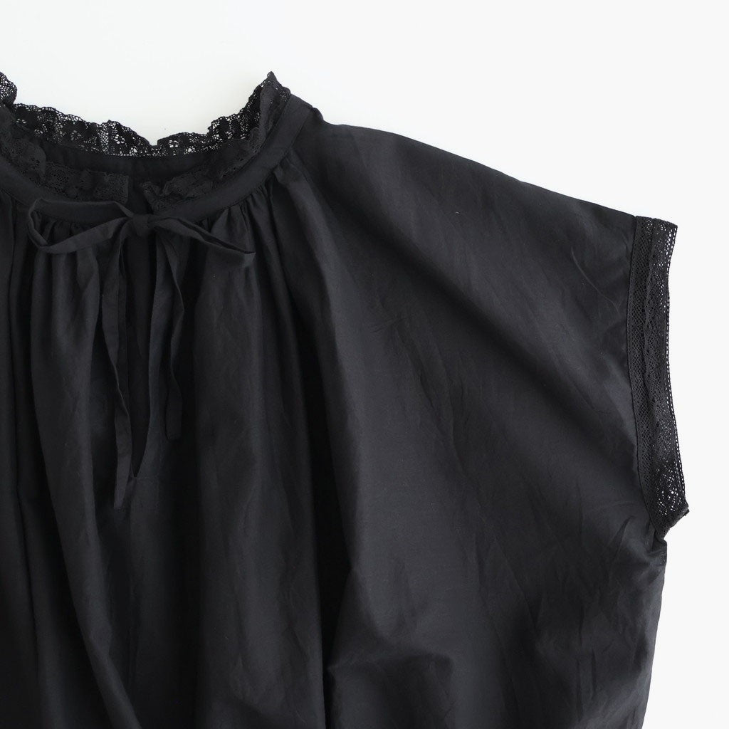 80s COTTON VOILE LACE LACE&STRING COLLAR GATHERED SHIRT #9900 BLACK [NSL26092]