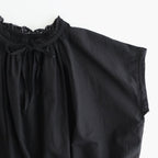 80s COTTON VOILE LACE LACE&STRING COLLAR GATHERED SHIRT #9900 BLACK [NSL26092]