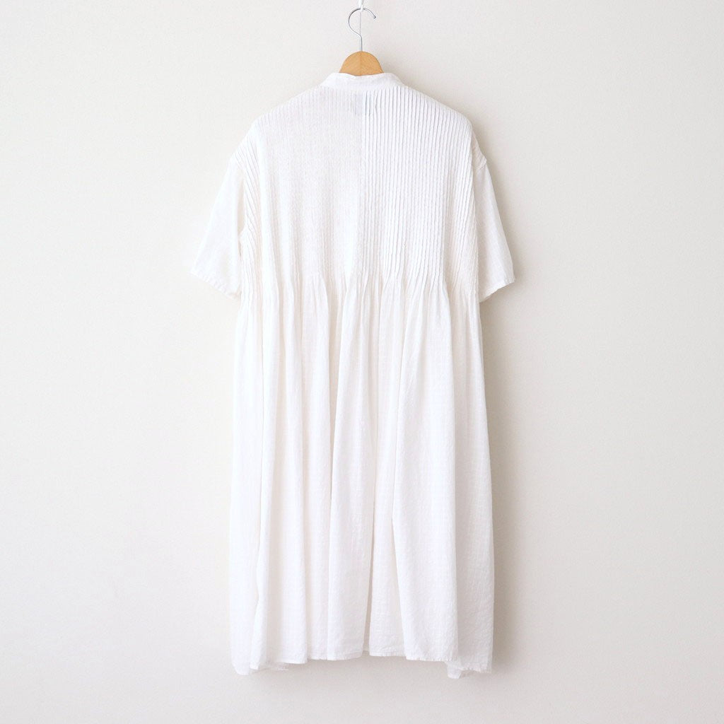 80s ORGANIC DOBIE CHECK(OVERDYE) BANDED COLLAR MAXI DRESS WITH PINTUCK #9170 MINRAL WHITE [NMDS25254D]