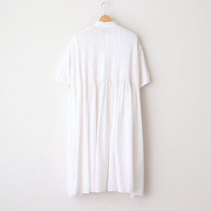 80s ORGANIC DOBIE CHECK(OVERDYE) BANDED COLLAR MAXI DRESS WITH PINTUCK #9170 MINRAL WHITE [NMDS25254D]